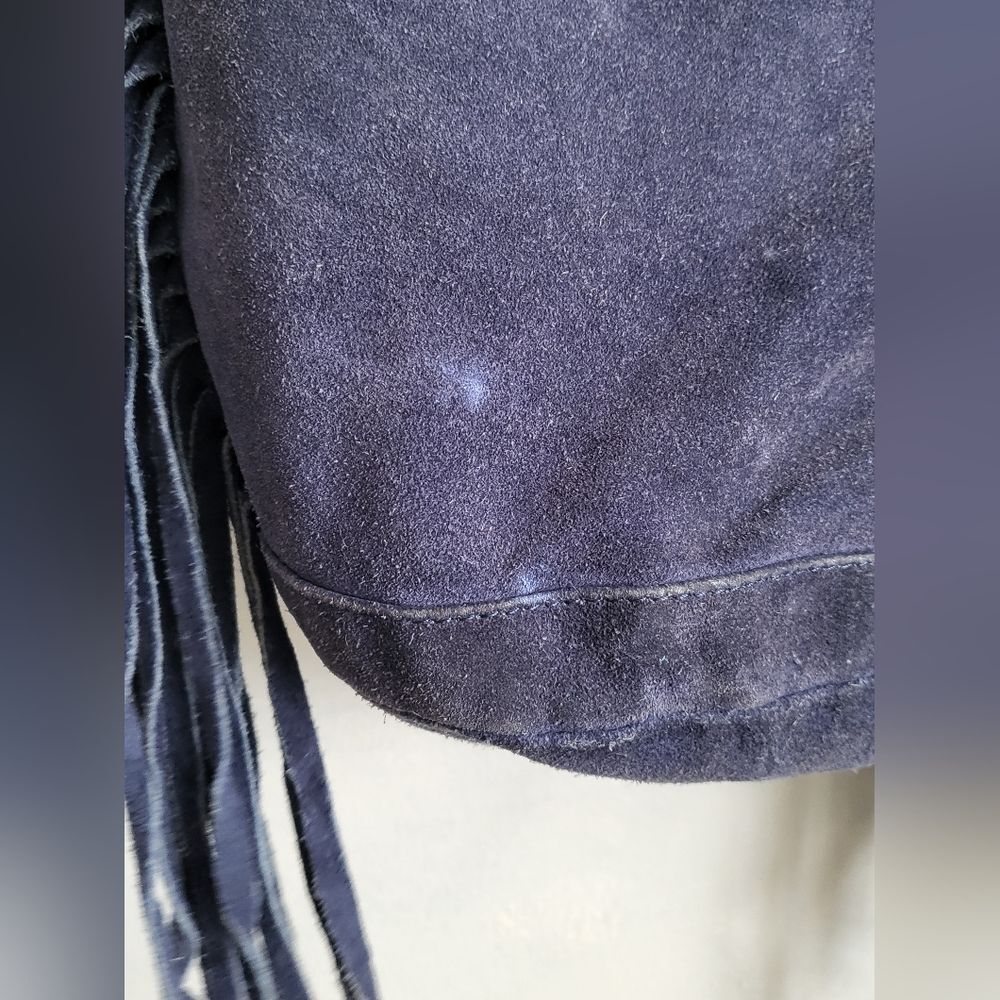 Ecote Blue Suede Side Fringe Cow Leather Bucket Sling Bag - Picture 3 of 15